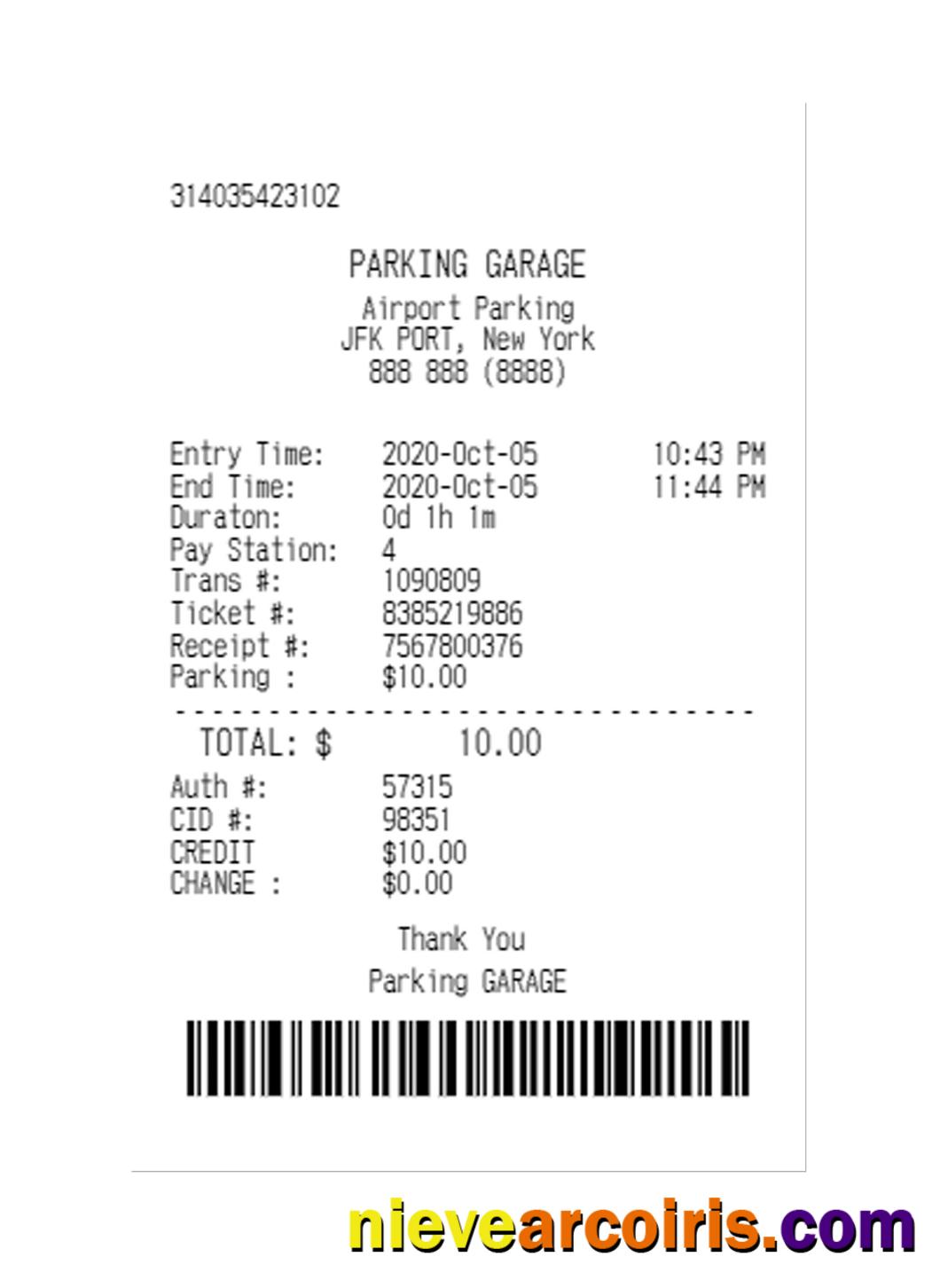 PARKING GARAGE payment check template